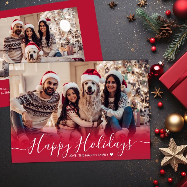 Modern Happy Holidays Red 2 Photo Christmas Holiday Card (Creator Uploaded)