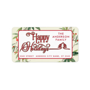 Modern Happy Holidays red botanical holly Label