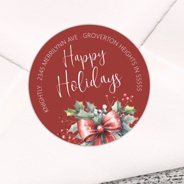 Modern HAPPY HOLIDAYS Red Bow Script Classic Round Sticker (Creator Uploaded)