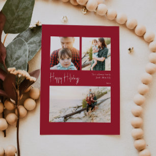 Modern Happy Holidays   Red Centred Three-Photo Holiday Card