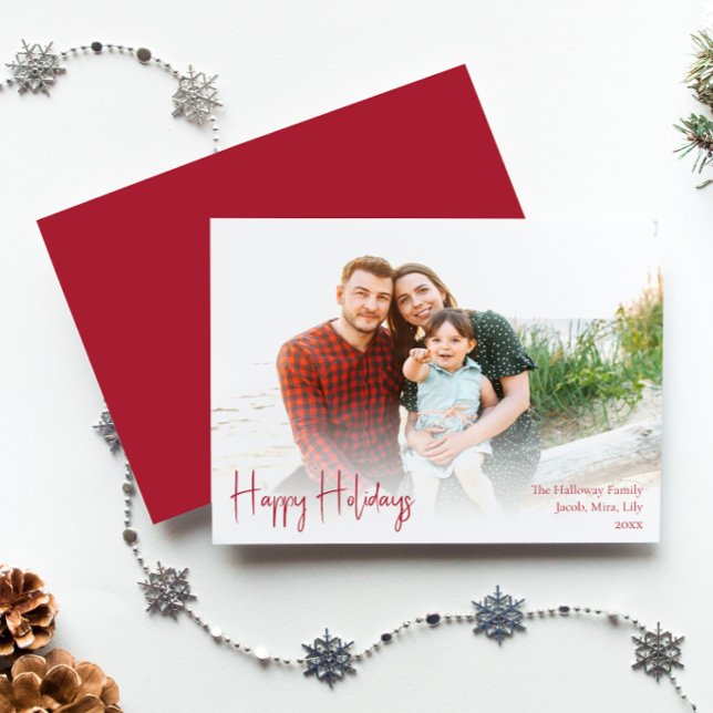 Modern Happy Holidays | Red Full Photo Holiday Card (Creator Uploaded)