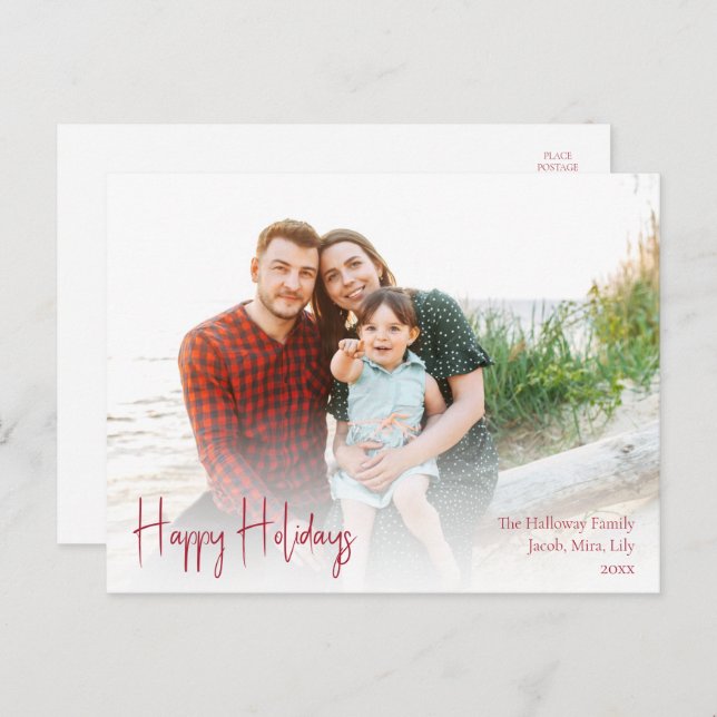 Modern Happy Holidays | Red Full Photo Holiday Postcard (Front/Back)