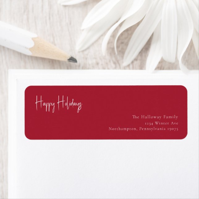 Modern Happy Holidays Red Return Address Envelope Label (Insitu)