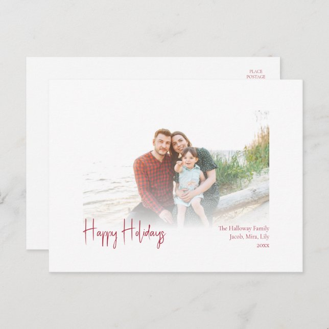Modern Happy Holidays | Red Script Faded Photo Holiday Postcard (Front/Back)