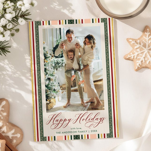 Modern Happy Holidays Retro Stripes 1 Photo Holiday Card (Creator Uploaded)