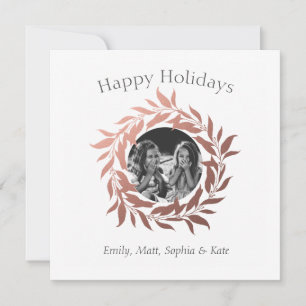 Modern Happy Holidays Rose Gold Wreath Photo Holiday Card