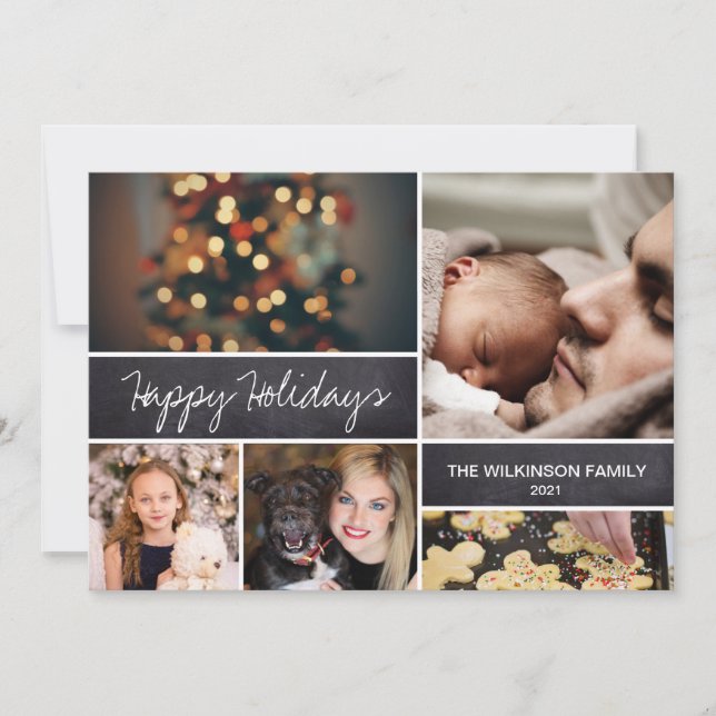 Modern Happy Holidays Script Family Photo Collage Holiday Card (Front)