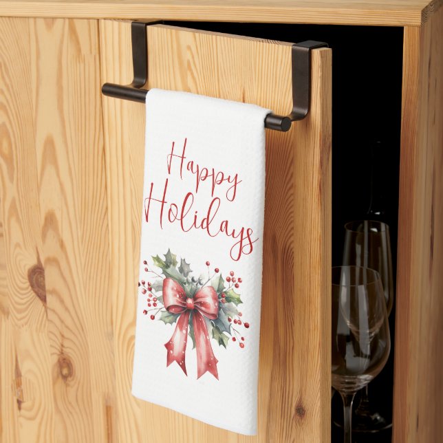 Modern Happy Holidays Script Red Bow Tea Towel (Thirds Fold)