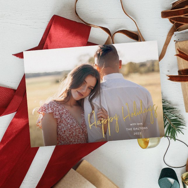 Modern Happy Holidays Script Simple Photo Foil Holiday Card (Creator Uploaded)