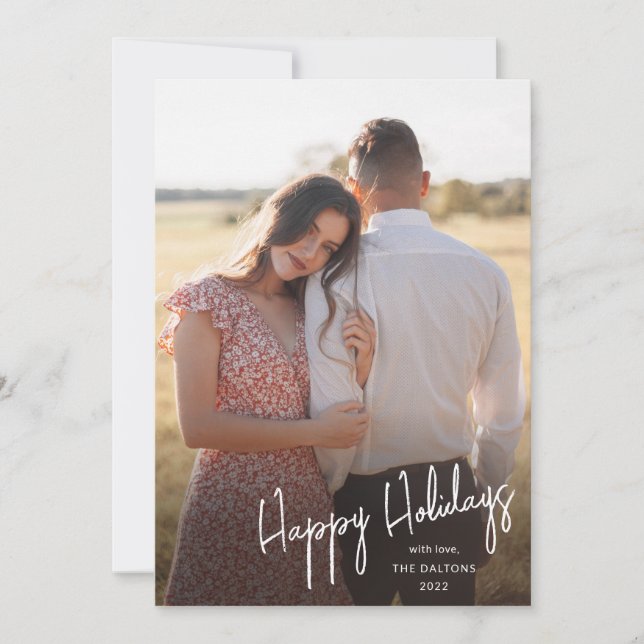 Modern Happy Holidays Script Simple Photo Holiday Card (Front)