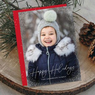 Modern Happy Holidays Script Snow Flurries Photo Holiday Card