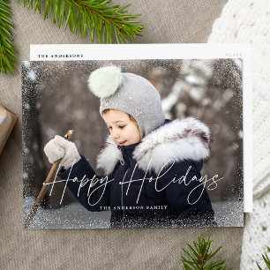 Modern Happy Holidays Script Snow Flurry Photo Holiday Postcard