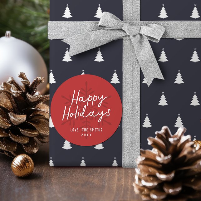 Modern Happy Holidays Script Snowflakes Christmas Classic Round Sticker (Modern Happy Holidays Script Snowflakes Christmas Classic Round Sticker)