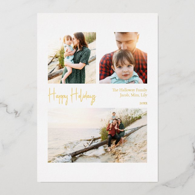 Modern Happy Holidays Script Three-Photo Gold Foil Holiday Card (Front)