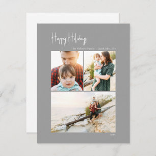 Modern Happy Holidays Silver Vertical 3 Photo Holiday Card