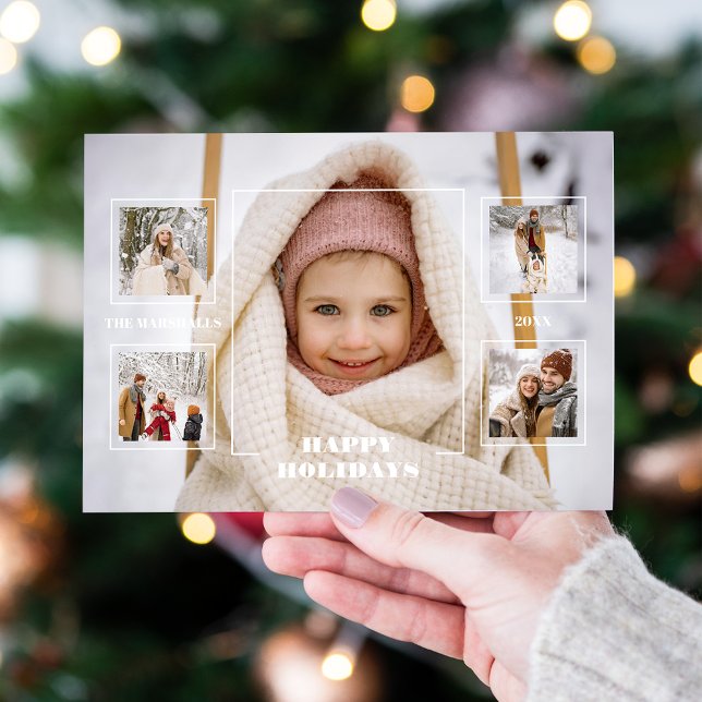 Modern Happy Holidays Thin Line Border 5-Photo Holiday Card (Creator Uploaded)