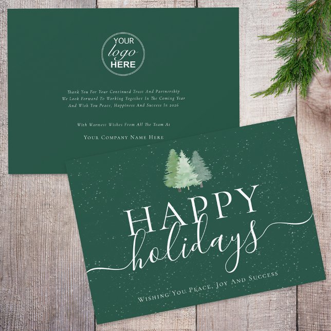 Modern Happy Holidays Woodland Business Logo Holiday Card (Modern watercolor woodland snow happy holiday business logo christmas green and white card )