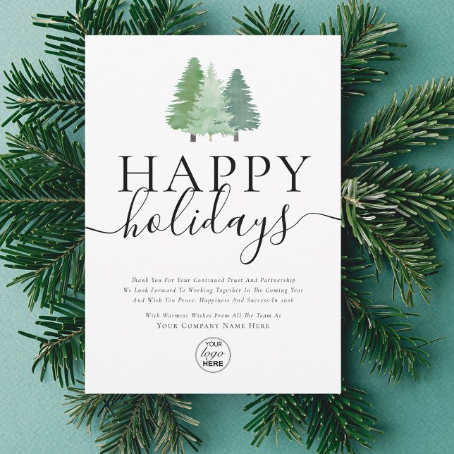 Modern Happy Holidays Woodland Business Logo Holiday Card (Modern woodland watercolor happy holiday business logo christmas card Elegant script nature theme)