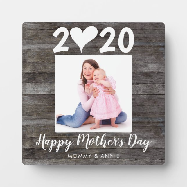 Modern Happy Mother's Day Script Heart Wood Photo Plaque (Front)
