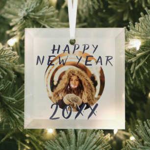 Modern Happy New Year 2023 Round Photo Glass Tree Decoration