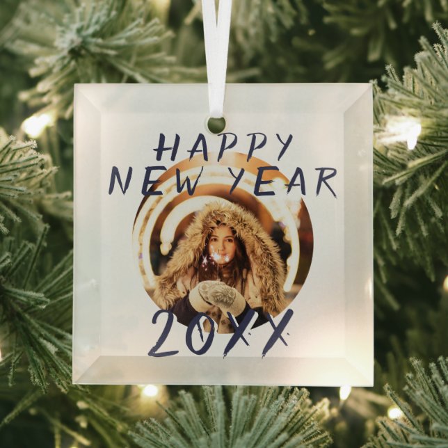 Modern Happy New Year 2023 Round Photo Glass Tree Decoration (Insitu)