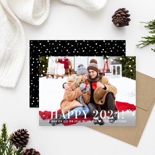 Modern Happy New Year 2024 Black Confetti Photo Holiday Card