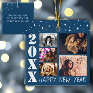Modern Happy New Year 2026 5 Photo Collage Ceramic Ornament