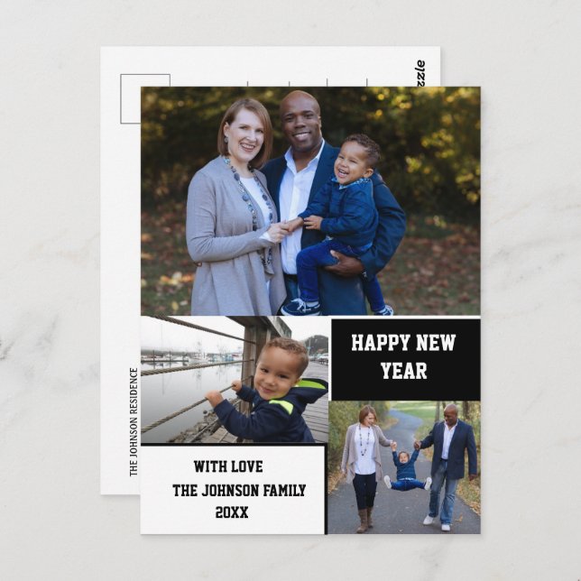 Modern Happy New Year 3 Photo Collage Postcard (Front/Back)