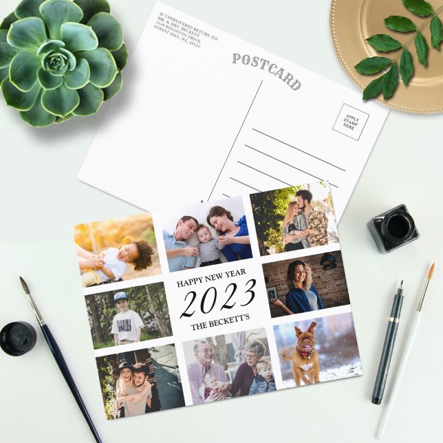 Modern Happy New Year 8 Photo Collage Holiday Postcard (Creator Uploaded)