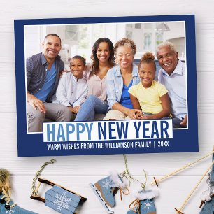 Modern Happy New Year Family Photo Blue Postcard