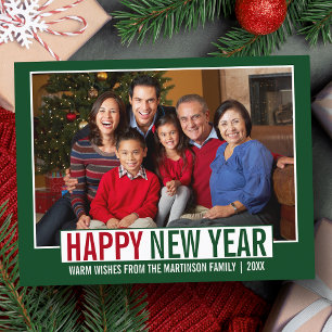 Modern Happy New Year Family Photo Green Postcard