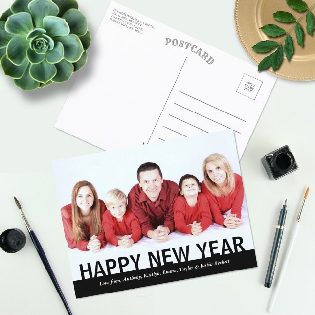 Modern Happy New Year Family Photo Holiday Postcard (Creator Uploaded)