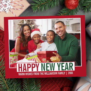 Modern Happy New Year Family Photo Red Postcard