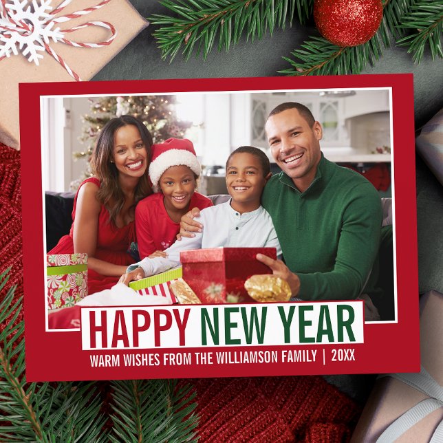 Modern Happy New Year Family Photo Red Postcard (Customize to change your personalized text size or text style.)