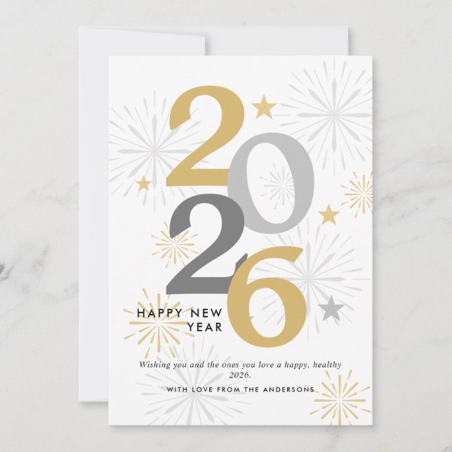 Modern Happy New Year Fireworks & Photo Holiday Card (Front)