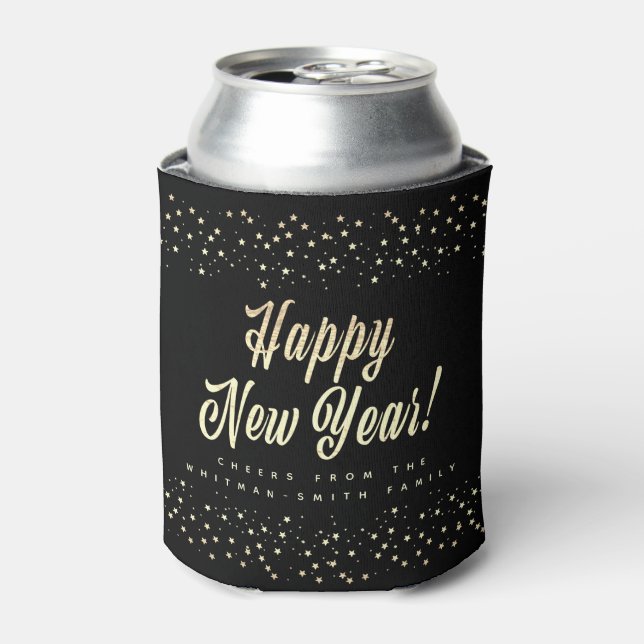 Modern | Happy New Year | Name | Stars | Black Can Cooler (Can Front)