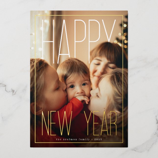 Modern Happy New Year Photo Foil Holiday Card (Front)