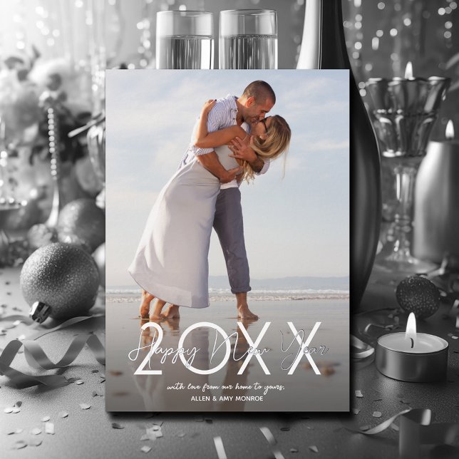 Modern Happy New Year Photo Foil Holiday Card (Modern Happy New Year Photo with Real Silver Foil Holiday Cards)