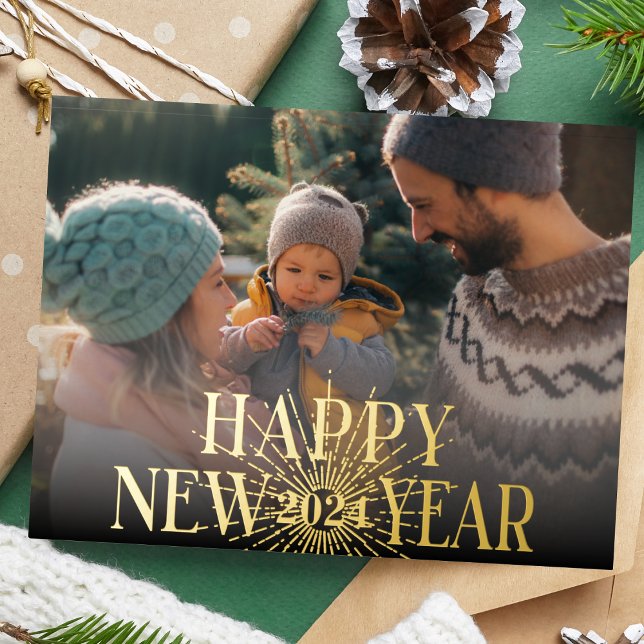 Modern Happy New Year Photo Gold Firework Foil Holiday Postcard (Creator Uploaded)