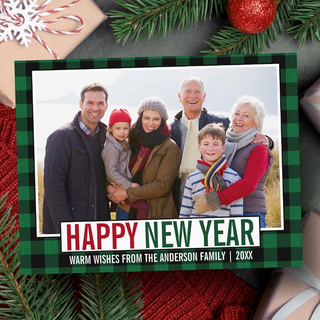 Modern Happy New Year Photo Green Plaid Postcard (Customize to change your personalized text size or text style.)