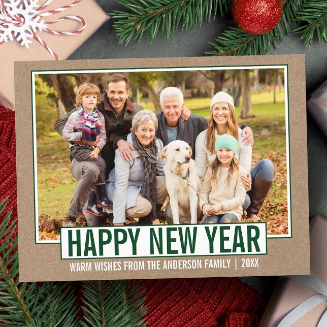 Modern Happy New Year Photo Kraft Postcard (Customize to change your personalized text size or text style.)
