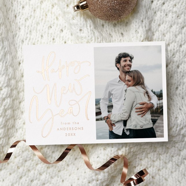 Modern Happy New Year Photo Rose Gold Foil Holiday Card (Creator Uploaded)