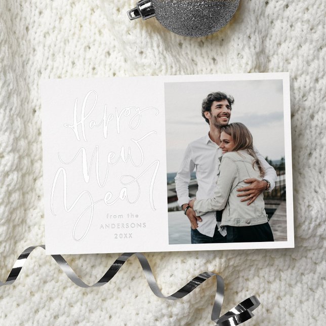 Modern Happy New Year Photo Silver Foil Holiday Card (Creator Uploaded)