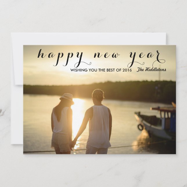 Modern Happy New Year Script Photo Holiday Card (Front)