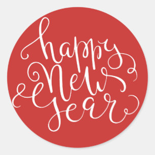 Modern Happy New Year White Script Custom Colour Classic Round Sticker