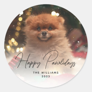 Modern Happy Pawlidays Dog Pet Photo Classic Round Sticker
