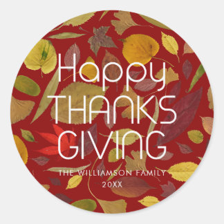Modern Happy Thanksgiving Fall Leaves Favour Classic Round Sticker