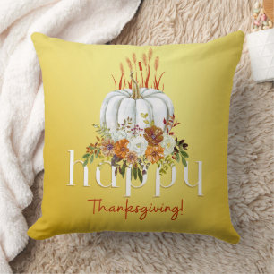Modern Happy Thanksgiving Floral Pumpkin Yellow Cushion