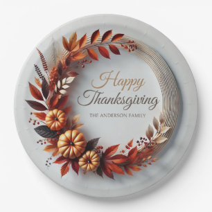 Modern Happy Thanksgiving Floral Wreath Custom  Paper Plate