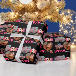 Modern Happy Valentines Day one heart Photo Name Wrapping Paper